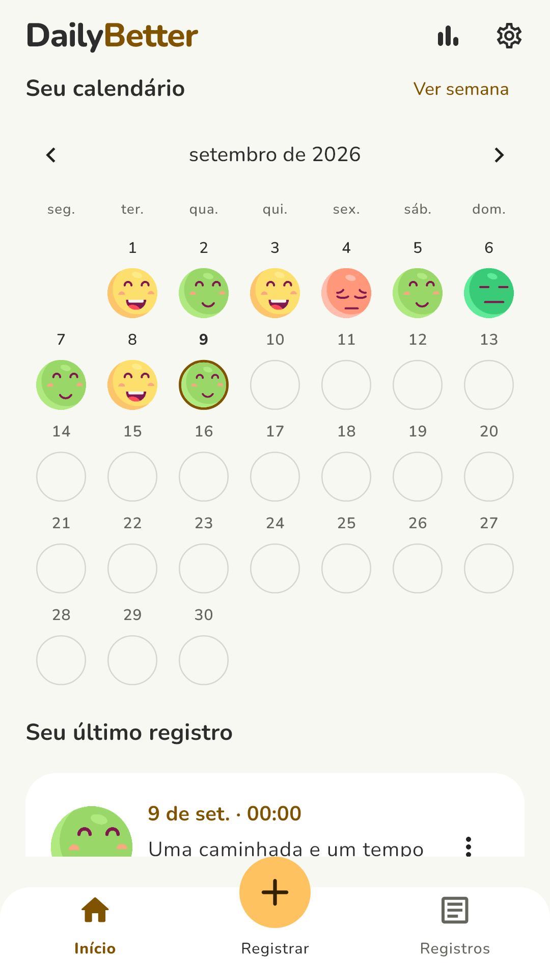 Calendário mensal do DailyBetter, com carinhas nos dias registrados