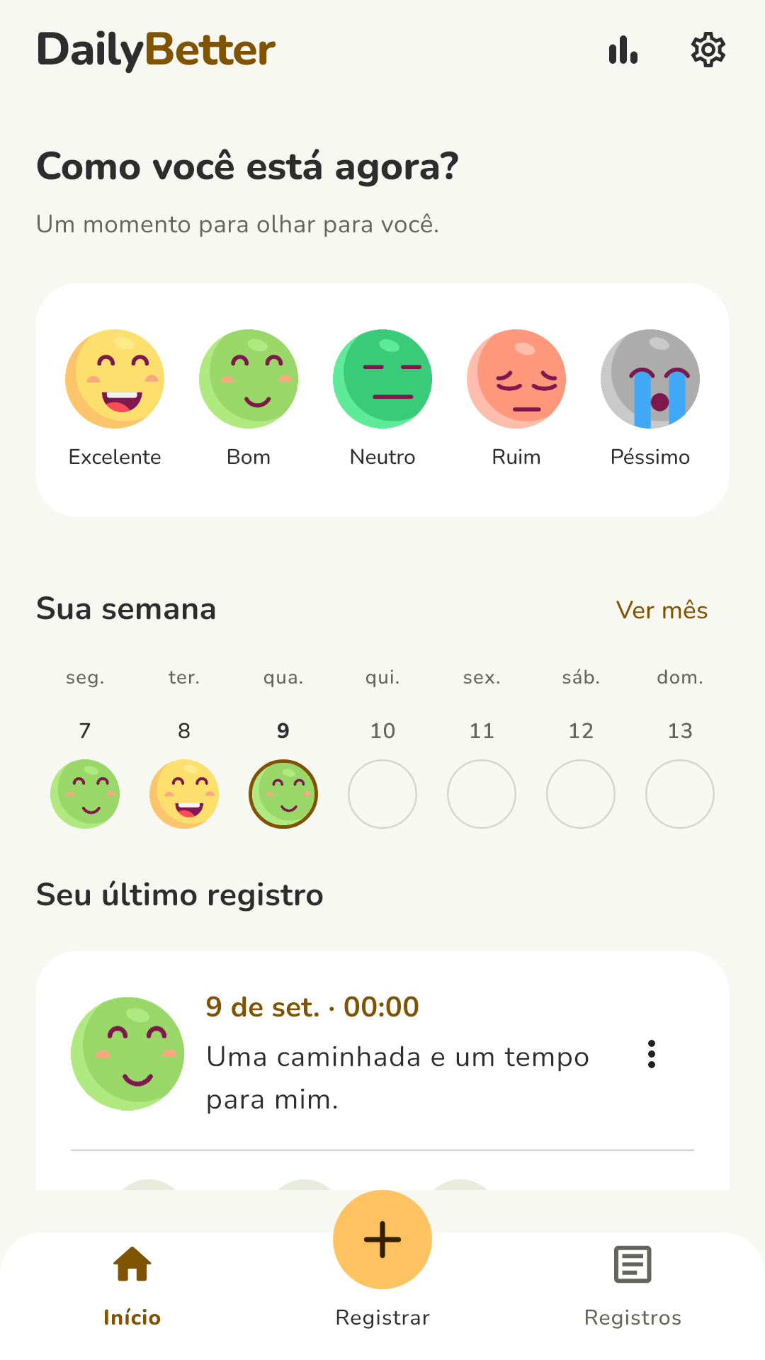 Início do DailyBetter, com escolha do humor, resumo da semana e último registro