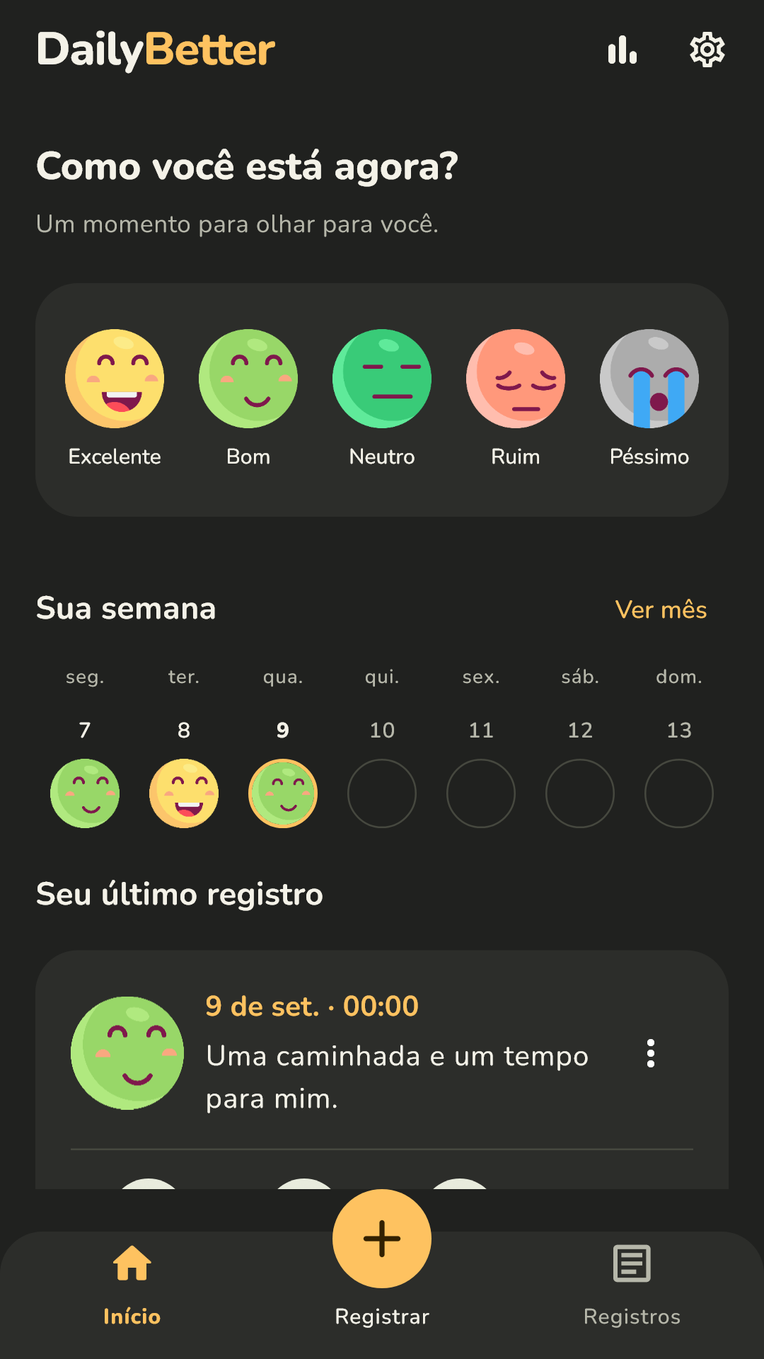 Tela inicial no tema escuro