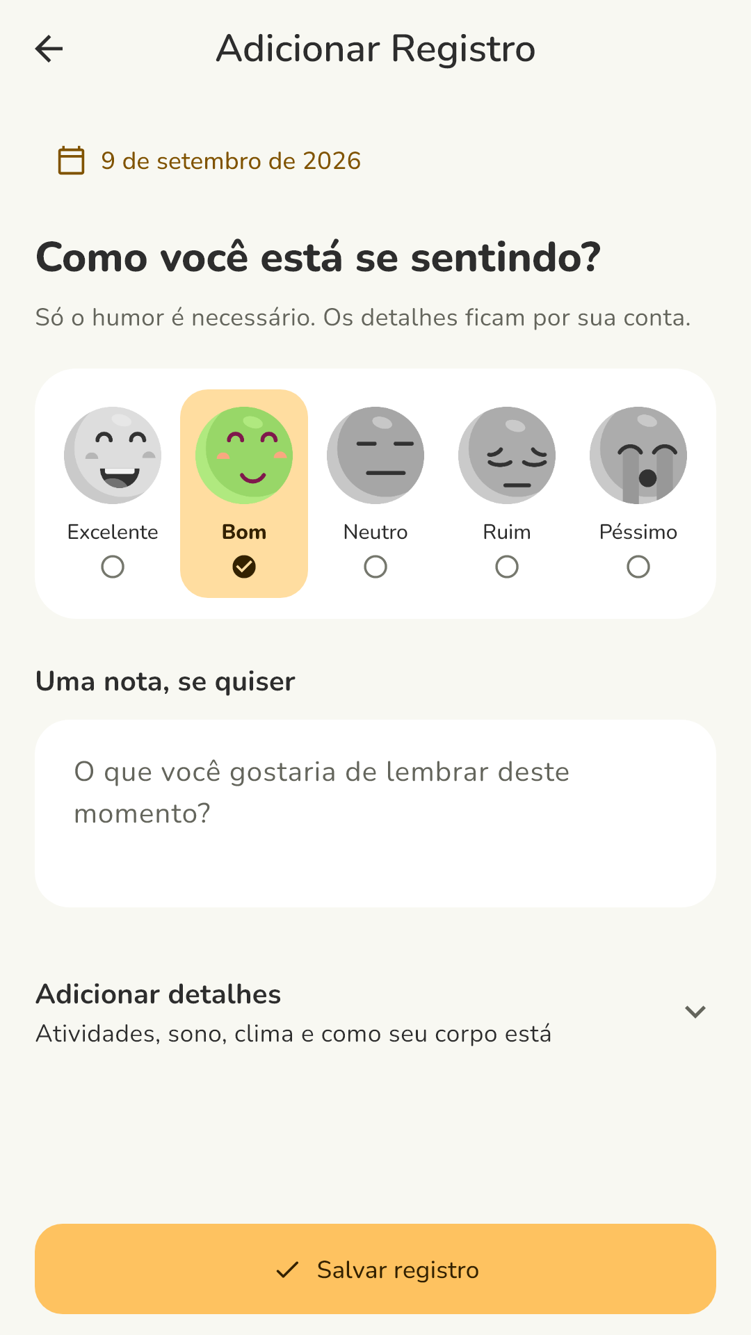 Novo registro com escolha de humor e campo de nota