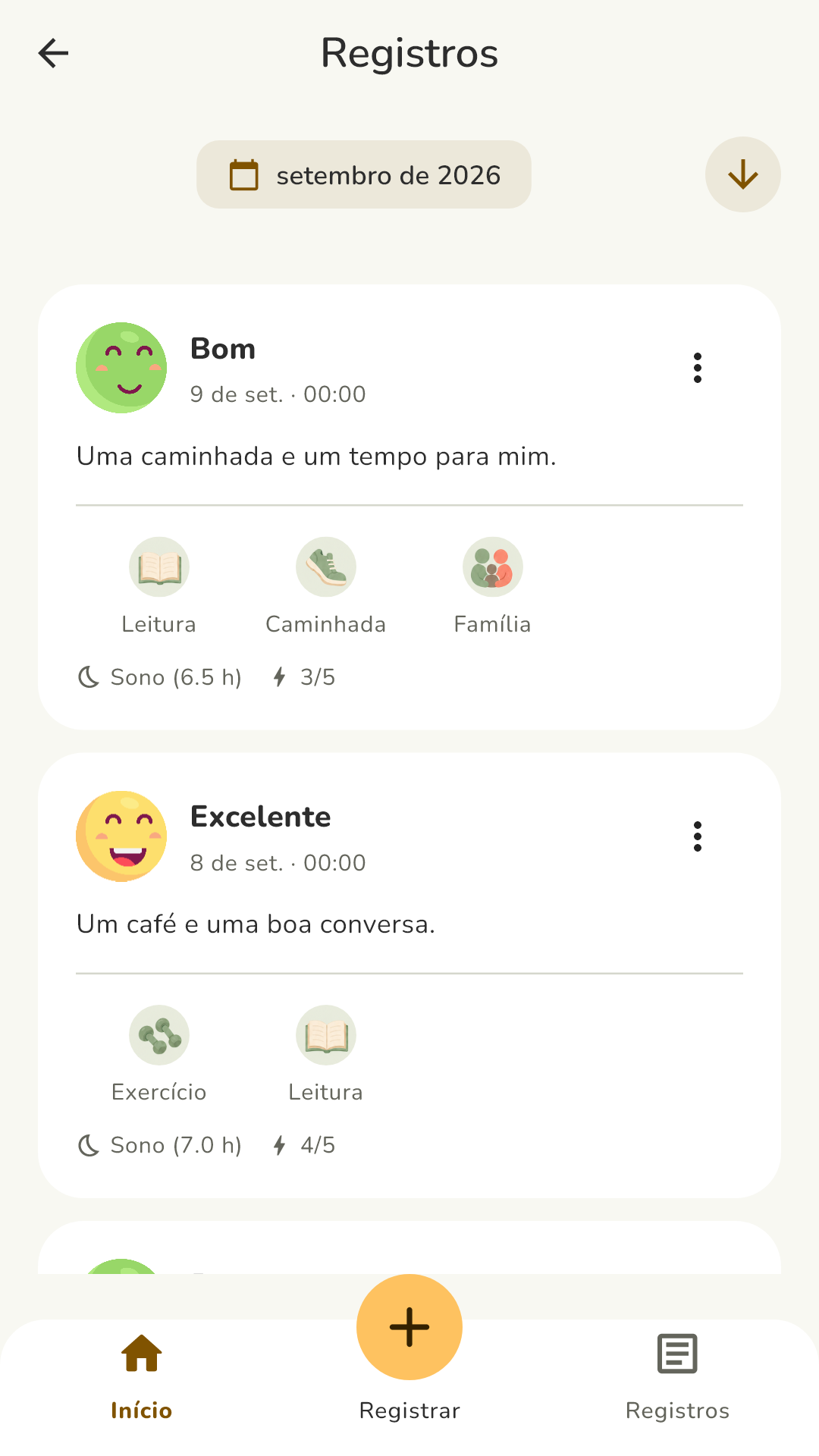 Lista de registros com notas, atividades e humores